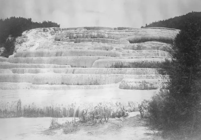 Framed Print : Draining a lake to uncover world famous terraces. It is believed that the famous pink Framed Print : Draining a lake to uncover world famous terraces. It is believed that the famous pink