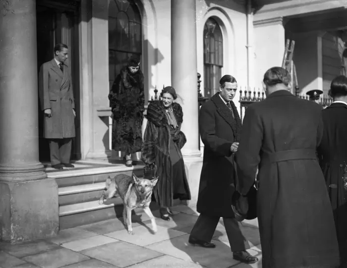 Framed Print : The Duke and Duchess of Kent, and their alsatian leaving home in Belgrave Square Framed Print : The Duke and Duchess of Kent, and their alsatian leaving home in Belgrave Square