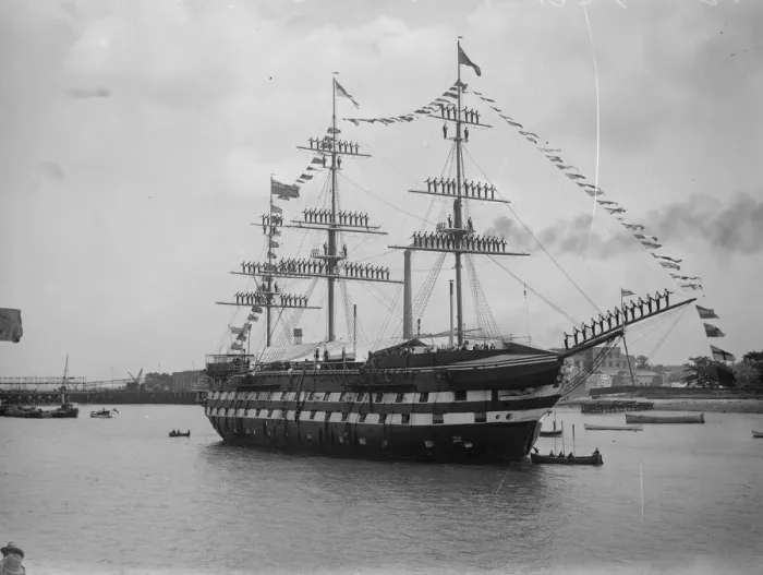 Framed Print : Duke of York visits the Worcester off Greenhithe. The boys dress ship