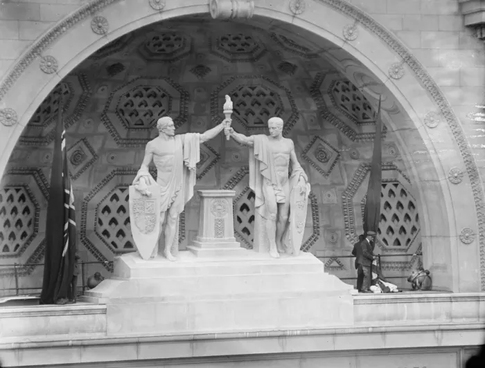 Framed Print : Earl Balfour unveils group of sculpture at Bush House, Strand. 4 July 1925 Framed Print : Earl Balfour unveils group of sculpture at Bush House, Strand. 4 July 1925