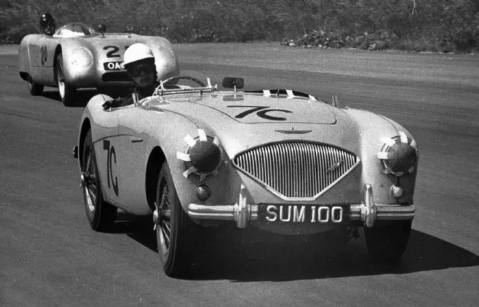 Framed Print : An early Austin Healey 100 at Silverstone in 1955. Behind it is a Buckler DD-1 Framed Print : An early Austin Healey 100 at Silverstone in 1955. Behind it is a Buckler DD-1