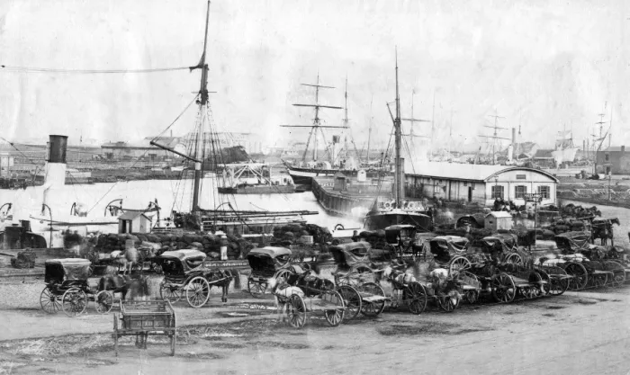 Framed Print : A very early photograph of Queens Wharf, showing typical craft and vehicles of Framed Print : A very early photograph of Queens Wharf, showing typical craft and vehicles of