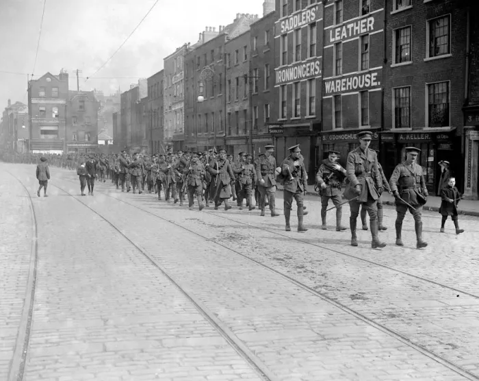 Framed Print : The Easter Rising ( originally captioned The Dublin Rebellion ) Troops march through the City Framed Print : The Easter Rising ( originally captioned The Dublin Rebellion ) Troops march through the City