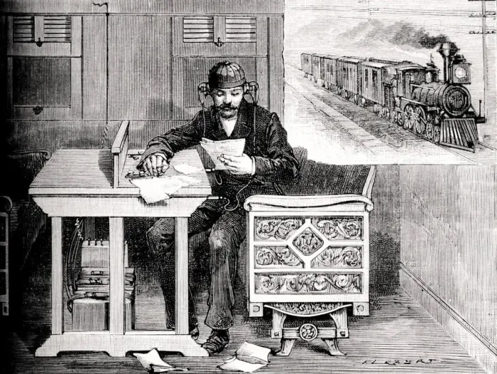 Framed Print : Edisons system of telephones for trains enroute Framed Print : Edisons system of telephones for trains enroute
