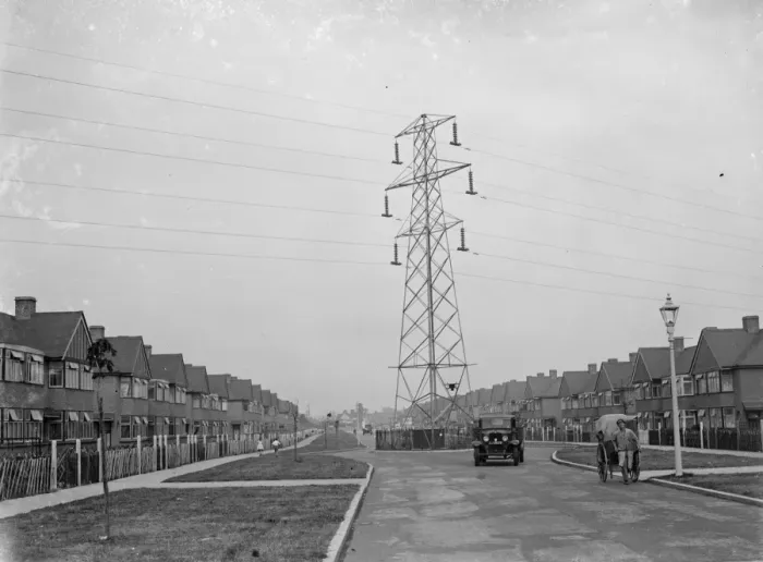 Framed Print : Electricity pylon in the middle of a suburban street, Sidcup. 1935 Framed Print : Electricity pylon in the middle of a suburban street, Sidcup. 1935