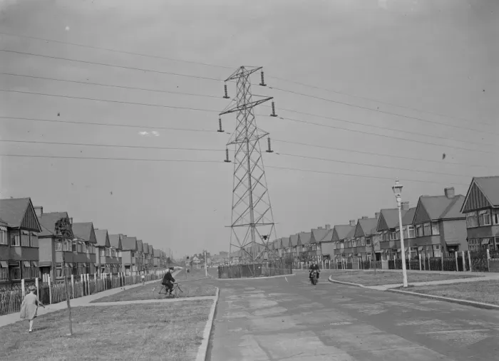 Framed Print : Electricity pylons crossing the road in Sidcup, Kent. 1935 Framed Print : Electricity pylons crossing the road in Sidcup, Kent. 1935