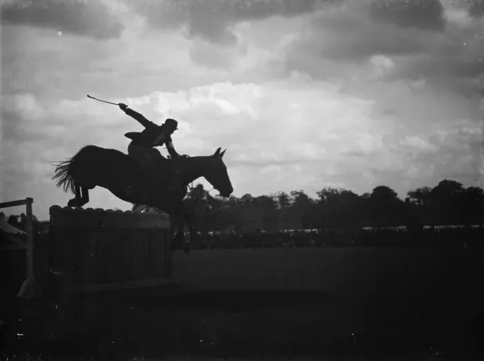 Framed Print : The Eltham and Bromley gymkhama. Miss M P Rice Horse jumping competition
