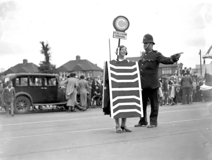 Framed Print : Eltham Carnival in Kent. Traffic crossing. 1934 Framed Print : Eltham Carnival in Kent. Traffic crossing. 1934