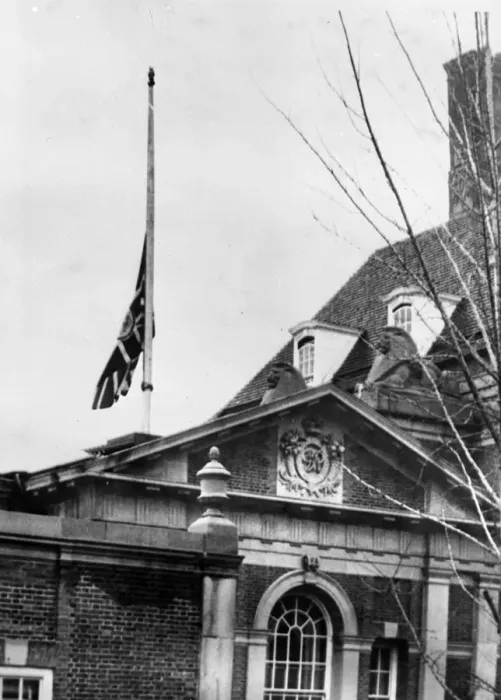 Framed Print : Embassies Mourn Sir Winston The Union Jack flies at half mast over the British Embassy
