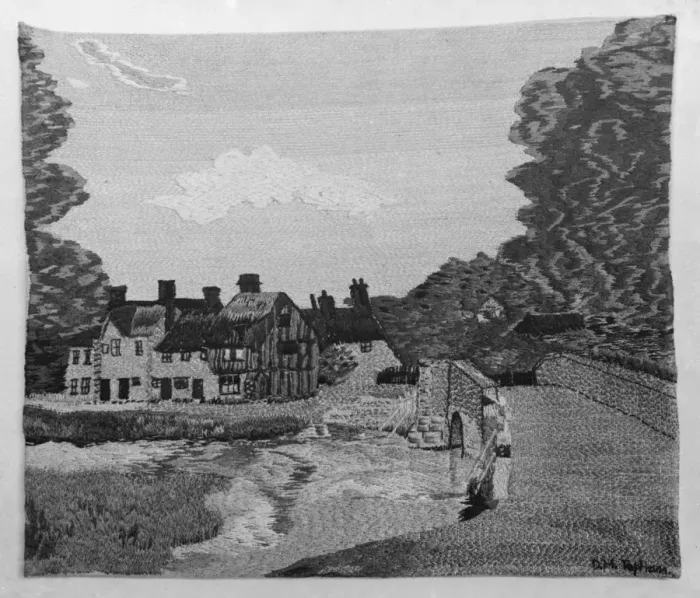 Framed Print : An embroided picture of Eynsford bridge. 1936 Framed Print : An embroided picture of Eynsford bridge. 1936