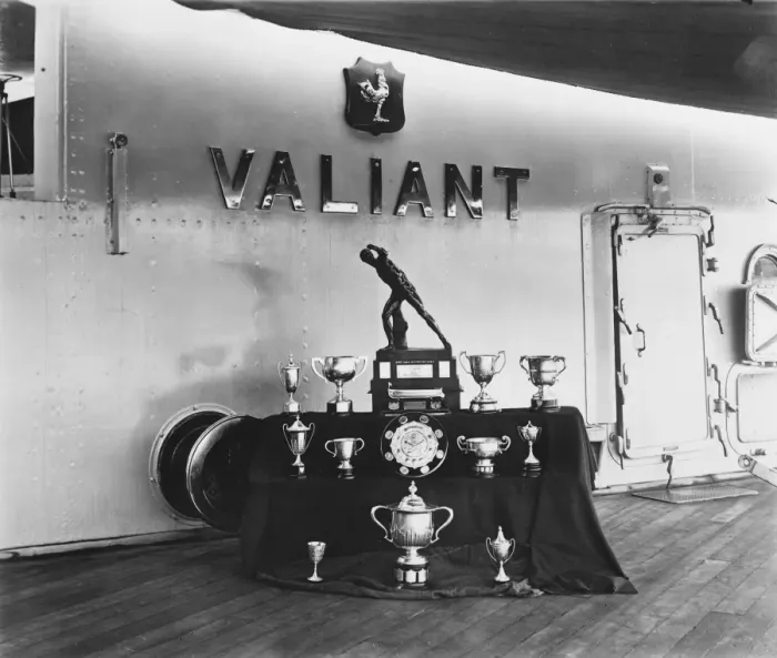 Framed Print : End of four years, commission, many trophies won by HMS Valiant. The battleship