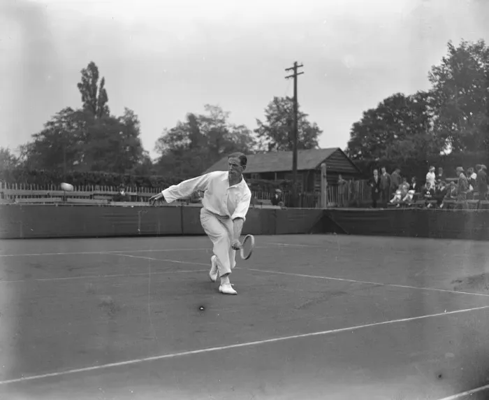 Framed Print : England versus Holland tennis match at Roehampton. J B Gilbert ( England ) in play Framed Print : England versus Holland tennis match at Roehampton. J B Gilbert ( England ) in play