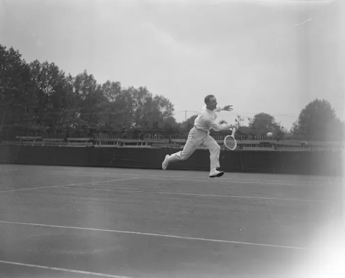 Framed Print : England versus Holland tennis match at Roehampton. R Lycett ( England ) in play Framed Print : England versus Holland tennis match at Roehampton. R Lycett ( England ) in play