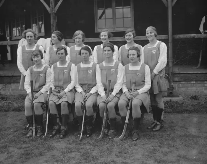 Framed Print : England versus Scotland, ladies hockey at Merton. The Scottish team. Standing Framed Print : England versus Scotland, ladies hockey at Merton. The Scottish team. Standing