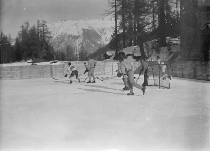 Framed Print : English hockey team in action at St Moritz. The Sussex hockey club met the St Moritz Framed Print : English hockey team in action at St Moritz. The Sussex hockey club met the St Moritz