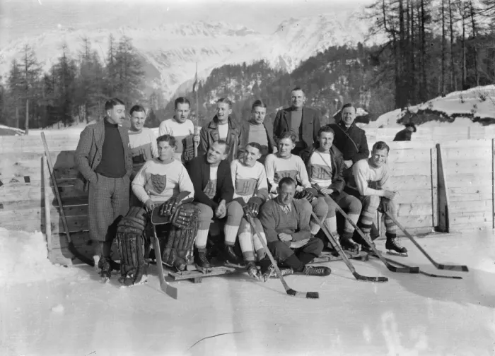 Framed Print : English hockey team in action at St Moritz. The Sussex hockey club met the St Moritz Framed Print : English hockey team in action at St Moritz. The Sussex hockey club met the St Moritz