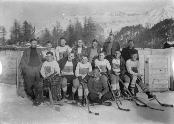 Framed Print : English hockey team in action at St Moritz. The Sussex hockey club met the St Moritz Framed Print : English hockey team in action at St Moritz. The Sussex hockey club met the St Moritz
