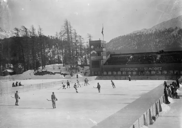 Framed Print : English hockey team in action at St Moritz. The Sussex hockey club met the St Moritz