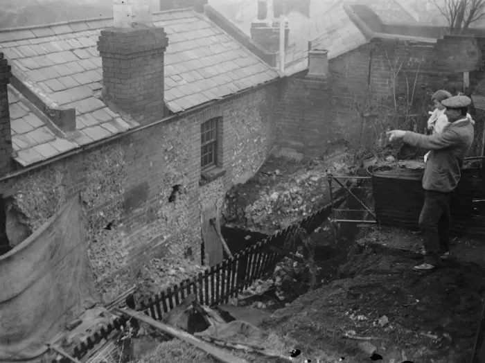 Framed Print : Eight escape when 40 ton wall crashes on two houses at Henley. November 1935 Framed Print : Eight escape when 40 ton wall crashes on two houses at Henley. November 1935