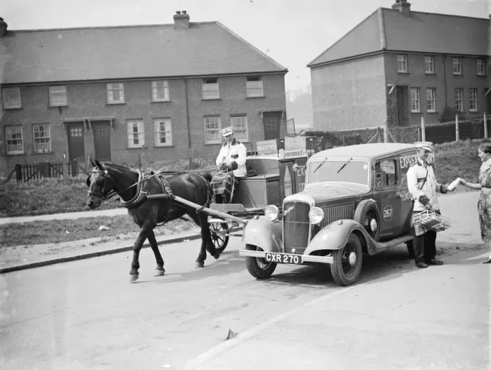 Framed Print : A Express Dairy Delivery horse and cart overtakes an Express Dairy Delivery Bedford van Framed Print : A Express Dairy Delivery horse and cart overtakes an Express Dairy Delivery Bedford van