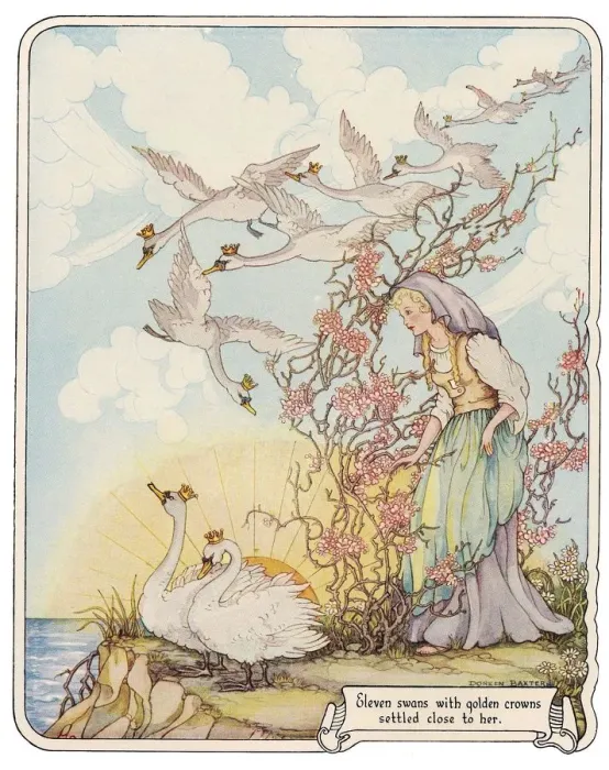 Framed Print : FAIRY TALES - WILD SWANS The eleven wild swans with royal crowns. Illustration by Doreen Baxter Framed Print : FAIRY TALES - WILD SWANS The eleven wild swans with royal crowns. Illustration by Doreen Baxter