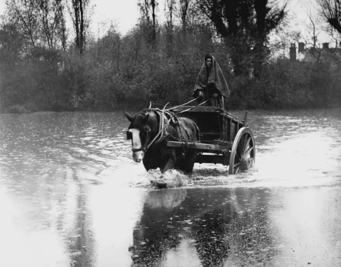 Framed Print : A farm labourer in Orpington, 1935, driving his cart into the water to swell the wood Framed Print : A farm labourer in Orpington, 1935, driving his cart into the water to swell the wood