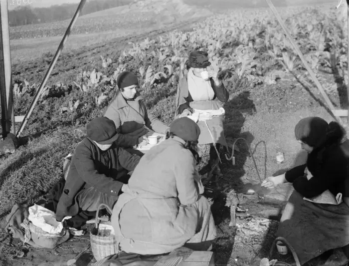 Framed Print : Farm workers sitting under a pylon, eating their lunch. 1936