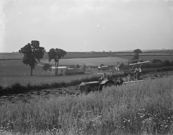 Framed Print : A farmer collects his harvest with his combine in Dene Bottom. March 1938
