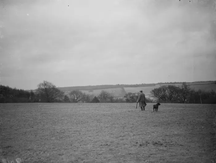 Framed Print : A farmer and his dog stands to view his fields at Preston hill farm estate Framed Print : A farmer and his dog stands to view his fields at Preston hill farm estate