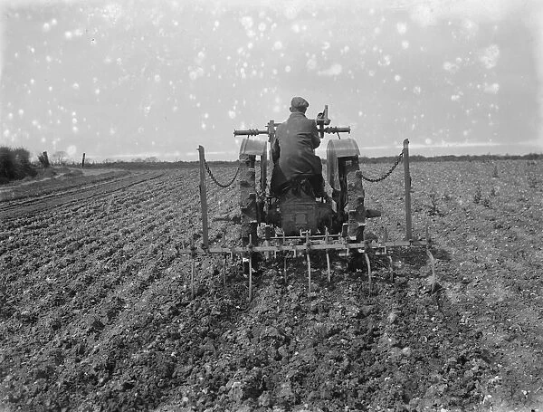 A farmer on his tractor cultivates a field. 1935