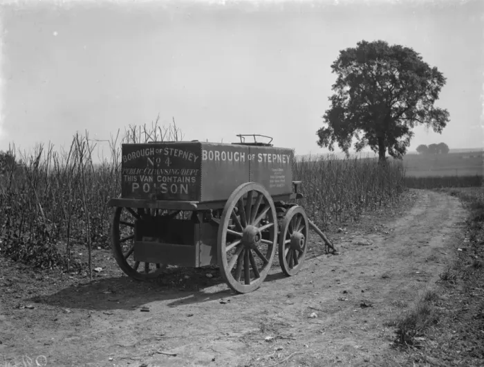 Framed Print : Farmers disinfectant trailer from borough of Stepney at the side of a field Framed Print : Farmers disinfectant trailer from borough of Stepney at the side of a field