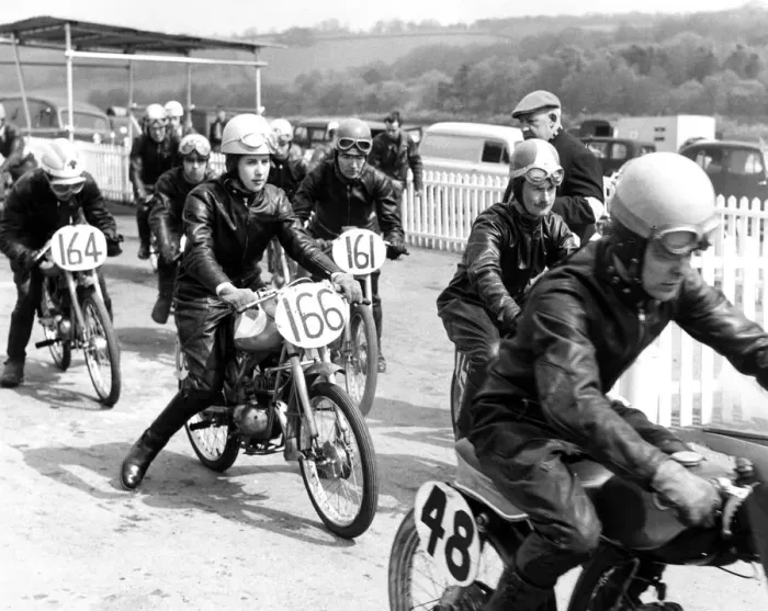 Framed Print : Female motorcyclist, Brenda Bound, in full leathers at a local race meeting, Kent