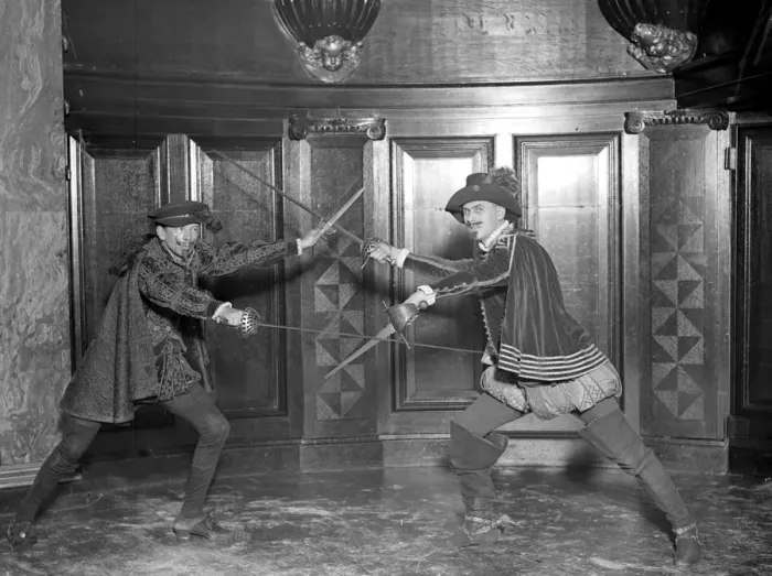 Framed Print : Fencing display at the Aeolian Hall arranged by Professor Felix Grave. Mr Alfred Hayward