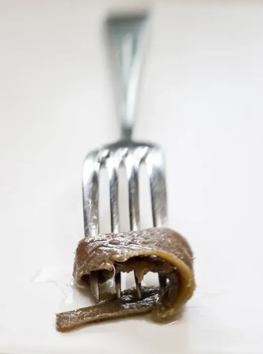 Framed Print : Fillets of anchovies in oil in preserving jar, with single fillet on a fork credit
