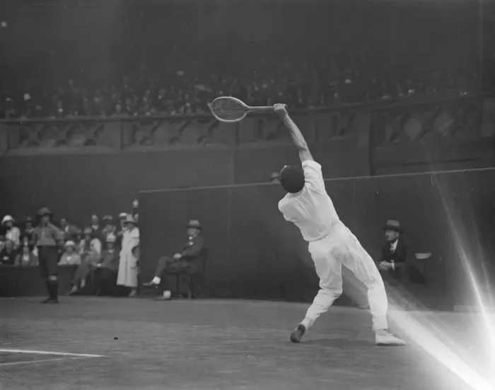 Framed Print : Final of the mens lawn tennis championship. Borotra making a difficult stroke Framed Print : Final of the mens lawn tennis championship. Borotra making a difficult stroke