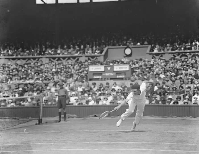 Framed Print : Final of the mens lawn tennis Championships. Borotra in play. 5 July 1924 Framed Print : Final of the mens lawn tennis Championships. Borotra in play. 5 July 1924
