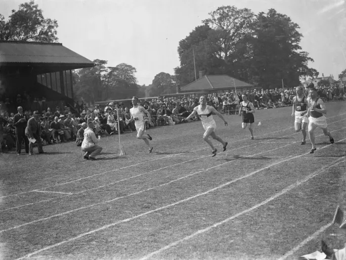 Framed Print : The finish of the 100 yard final at the Kent aA championship. 1939