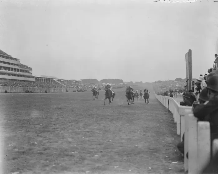 Framed Print : The finish of the race for the oaks Pogrom the favourite, winning from Soubriquet Framed Print : The finish of the race for the oaks Pogrom the favourite, winning from Soubriquet