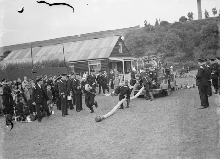 Framed Print : Fire brigade demonstration in Horton Kirby, Kent. 1936 Framed Print : Fire brigade demonstration in Horton Kirby, Kent. 1936