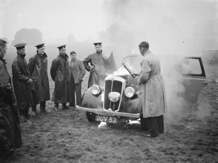 Framed Print : Fire demonstration of a car on fire at Lullingstone Castle, Kent. 24 September 1937