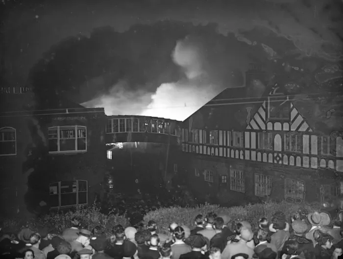 Framed Print : Fire, Halls, Dartford ( crowds watching ). 1937 Framed Print : Fire, Halls, Dartford ( crowds watching ). 1937