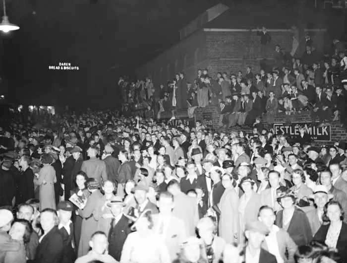 Framed Print : Fire, Halls, Dartford - large crowds watching. 1937 Framed Print : Fire, Halls, Dartford - large crowds watching. 1937