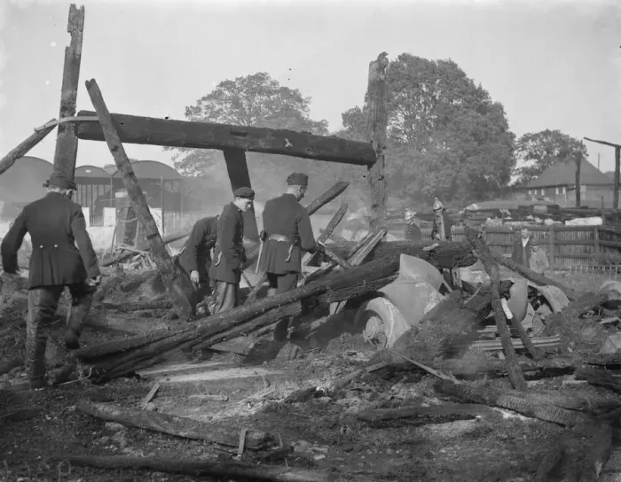 Framed Print : A fire at Ridley Court Farm in New Ash Green, Kent. 1938 Framed Print : A fire at Ridley Court Farm in New Ash Green, Kent. 1938