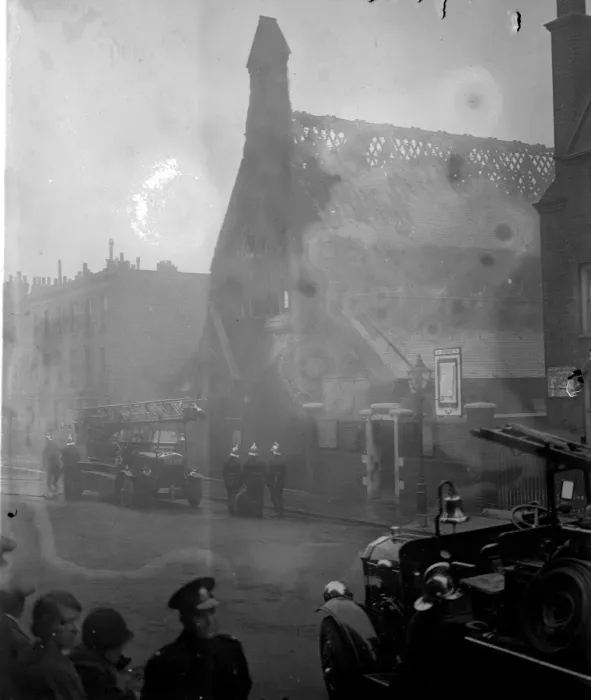 Framed Print : Firemen fight fire at London church. A hundred firemen with twenty engines were Framed Print : Firemen fight fire at London church. A hundred firemen with twenty engines were