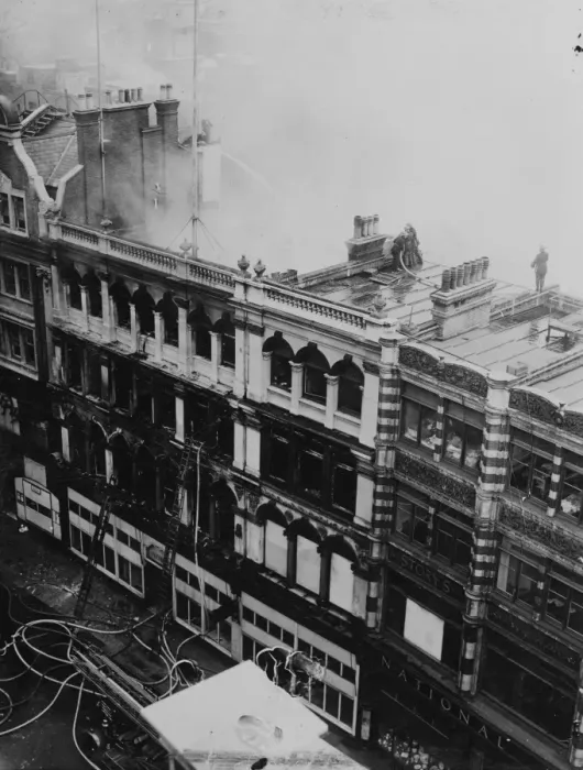 Framed Print : Firemen fighting a blazing five-storey building of Story and Co. Furnishers