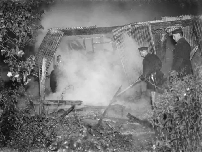 Framed Print : Firemen tend to a fire at the Bull in Chislehurst, Kent. 1939 Framed Print : Firemen tend to a fire at the Bull in Chislehurst, Kent. 1939