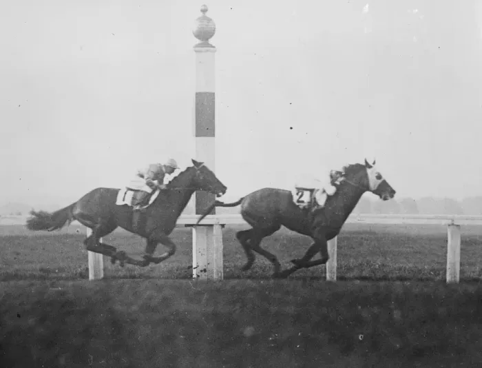 Framed Print : First photograph of the defeat of Papyrus by Zev at Belmont Park, Long Island