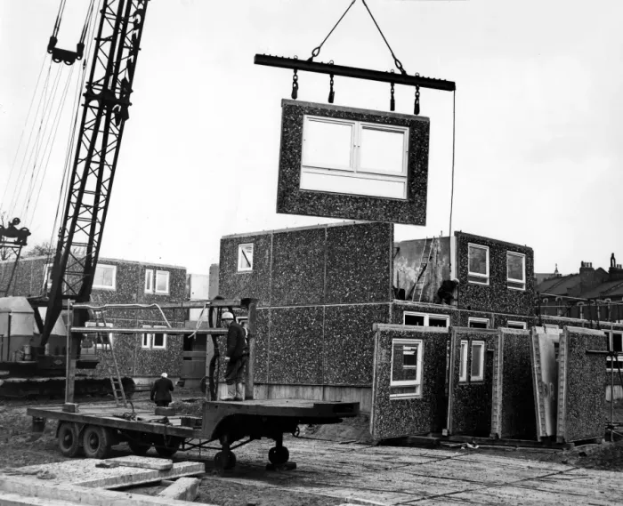 Framed Print : The first train loads of walls, floors, stairs and landings components for the London Framed Print : The first train loads of walls, floors, stairs and landings components for the London