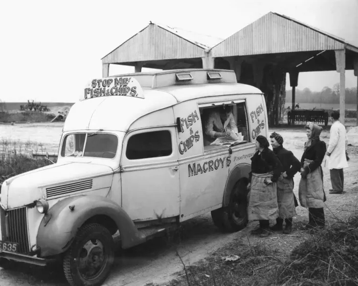 Framed Print : Fish and Chips for women farm workers on a chilly March day 1948. The van is a converted Framed Print : Fish and Chips for women farm workers on a chilly March day 1948. The van is a converted