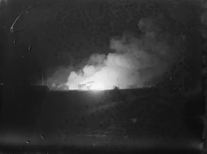 Framed Print : Flames and smoke coming from a fire at the tannery in Dartford, Kent. The photo